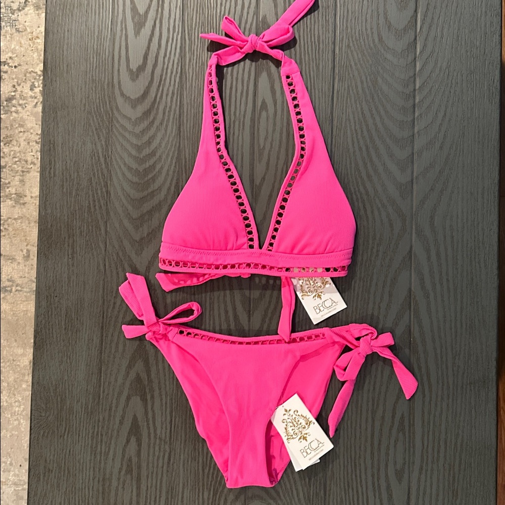 BECCA Hot Pink Crochet-Trim Halter Bikini